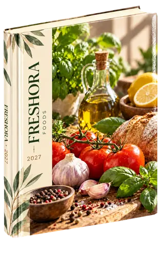 Editorial story diary cover concept for food & fmcg, sample brand Freshora