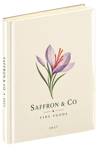 Quiet signature diary cover concept for food & fmcg, sample brand Saffron & Co