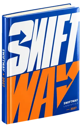 Bold type diary cover concept for logistics, sample brand Swiftway