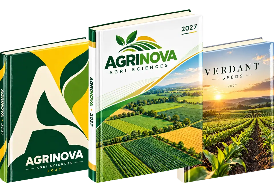 Three sample diary cover concepts for this industry (Agrinova, Verdant; sample brands)