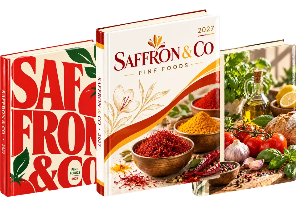 Three sample diary cover concepts for this industry (Saffron & Co, Freshora; sample brands)