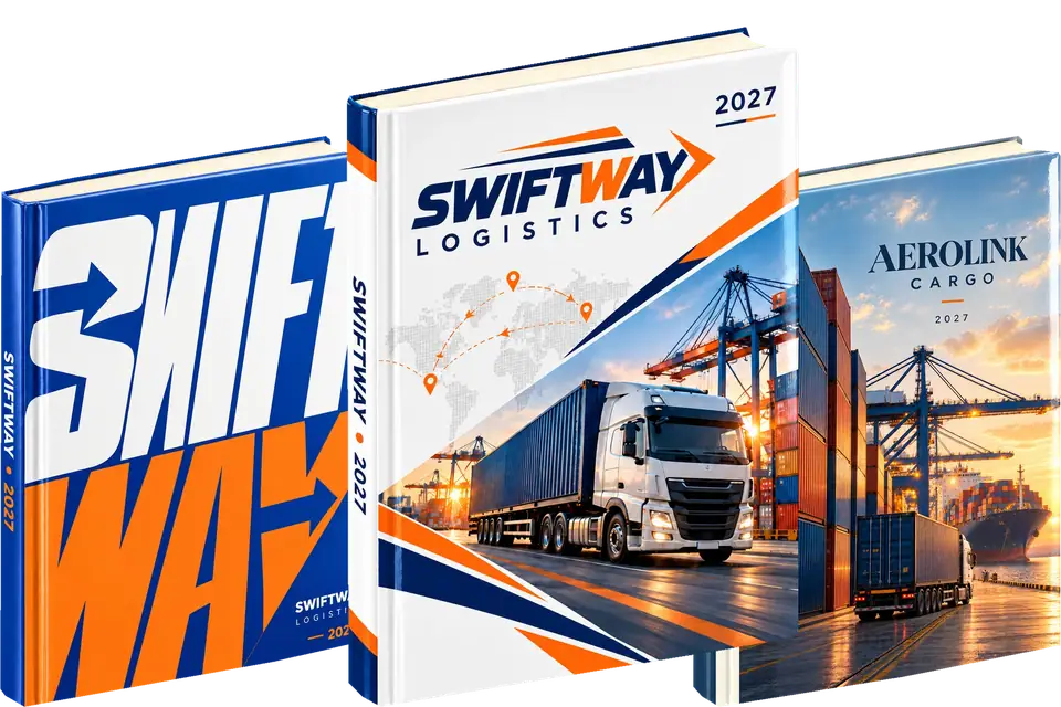 Three sample diary cover concepts for this industry (Swiftway, Aerolink; sample brands)