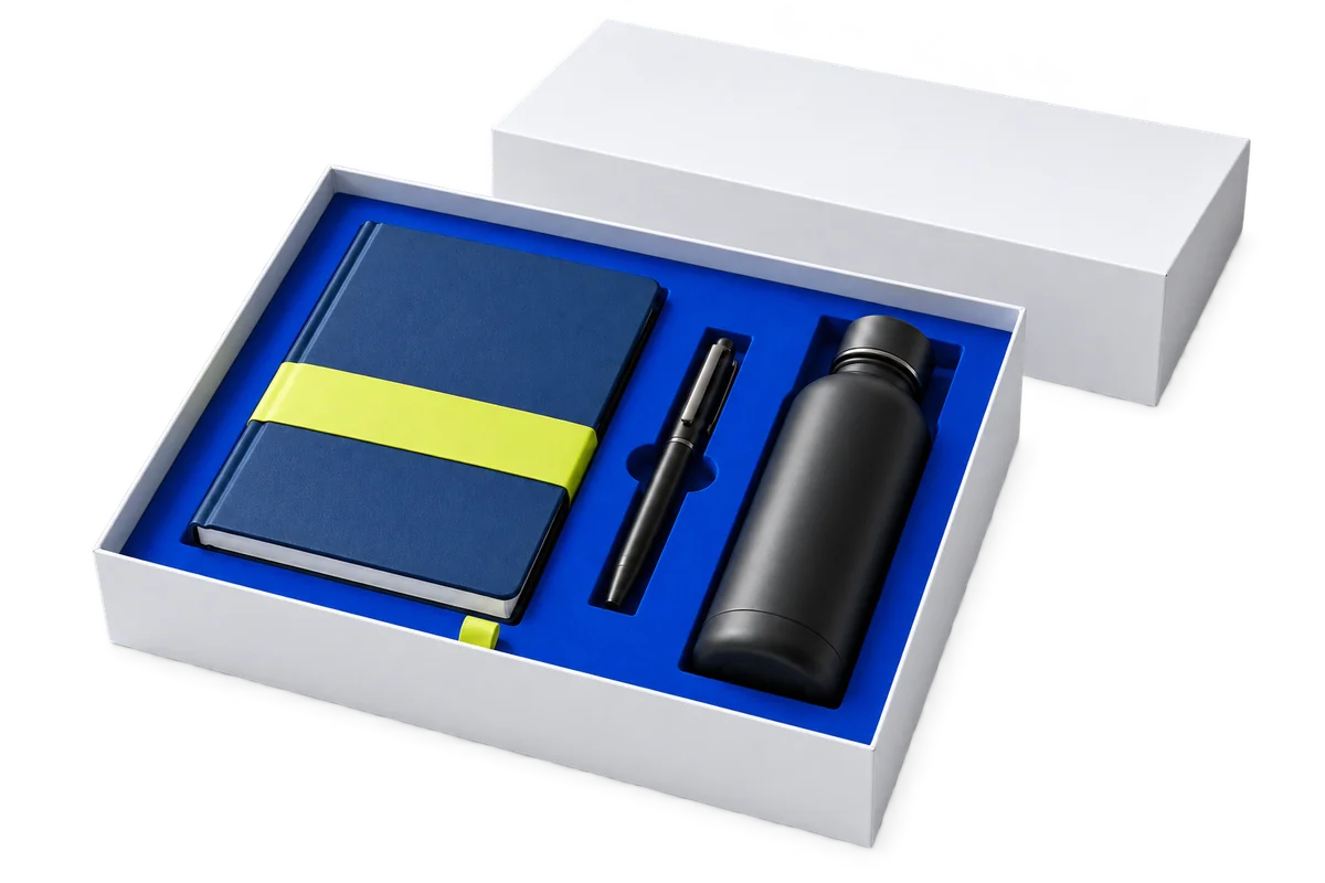 Illustrative boxed corporate diary, pen and bottle gift set