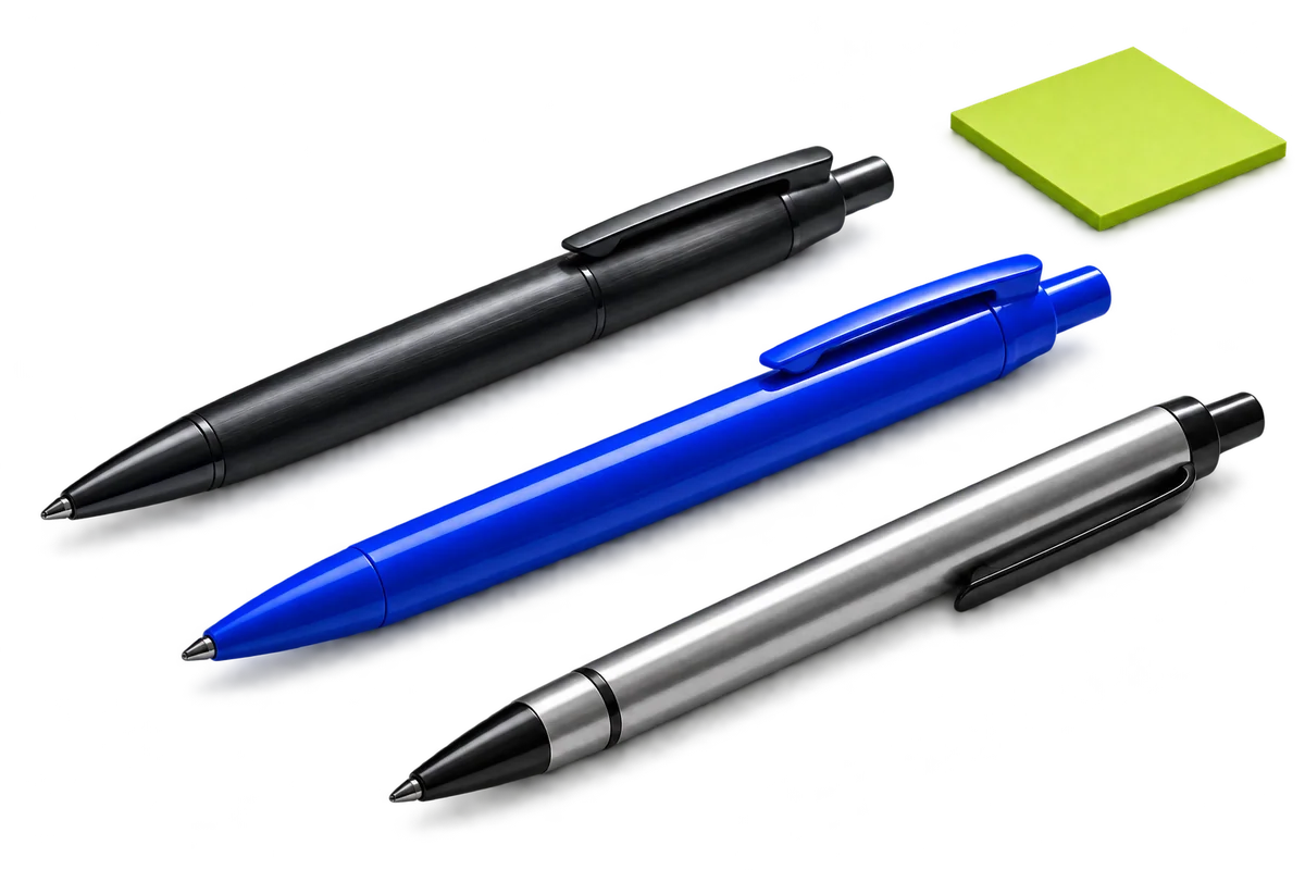 Illustrative metal and plastic logo pen options