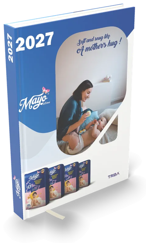 Pharma brand corporate diary 2027, blue cover with a mother-and-baby photograph and product packs — 3D mockup