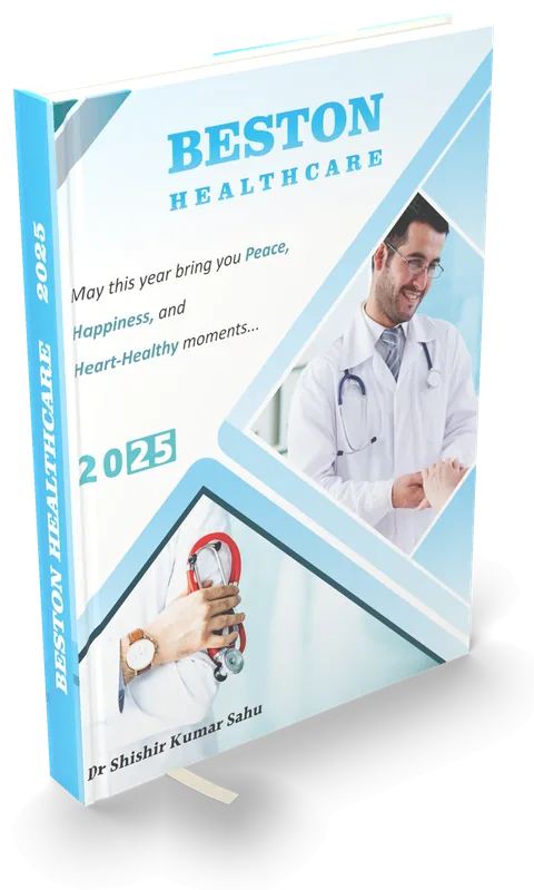 Healthcare company diary 2026, white and sky-blue cover with a doctor photograph — 3D mockup