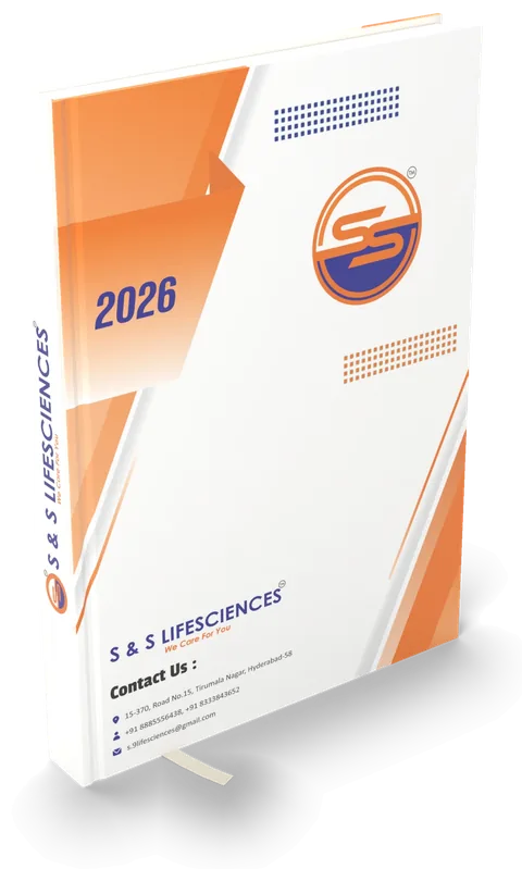Life-sciences company diary 2026, white cover with orange geometric panels — 3D mockup