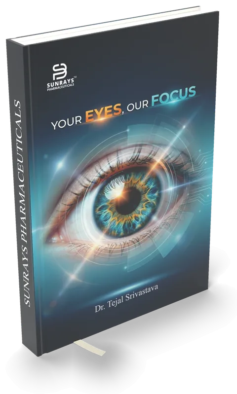 Eye-care pharma diary 2026, dark cover with a close-up eye photograph — 3D mockup
