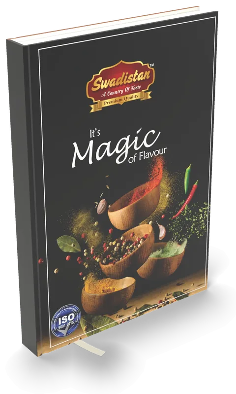 Spice brand corporate diary, dark cover with spices and a bold script title — 3D mockup