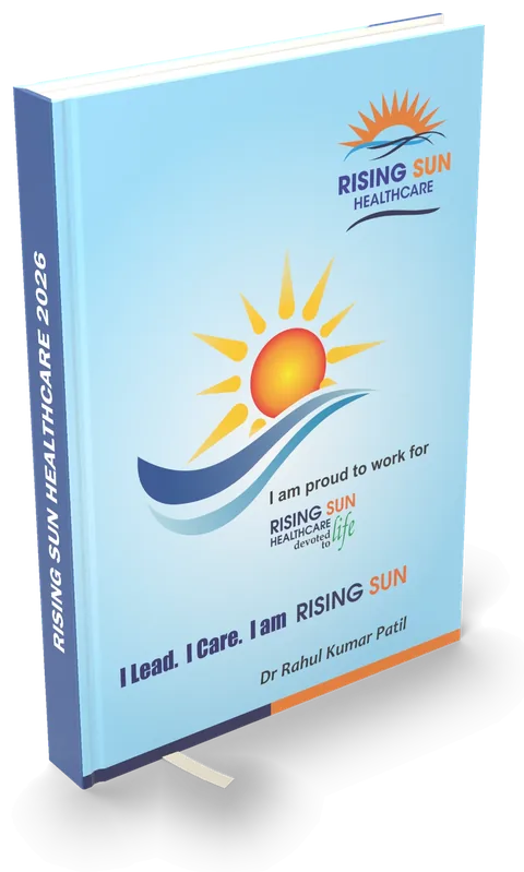 Healthcare diary 2026, blue cover with a rising-sun logo — 3D mockup
