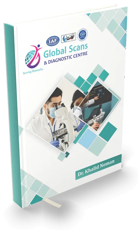 Diagnostic centre diary with a teal photo-mosaic cover and the doctor's name — 3D mockup