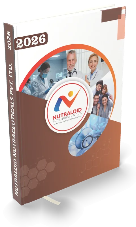 Nutraceutical company diary 2026, brown and white cover with doctor photographs — 3D mockup