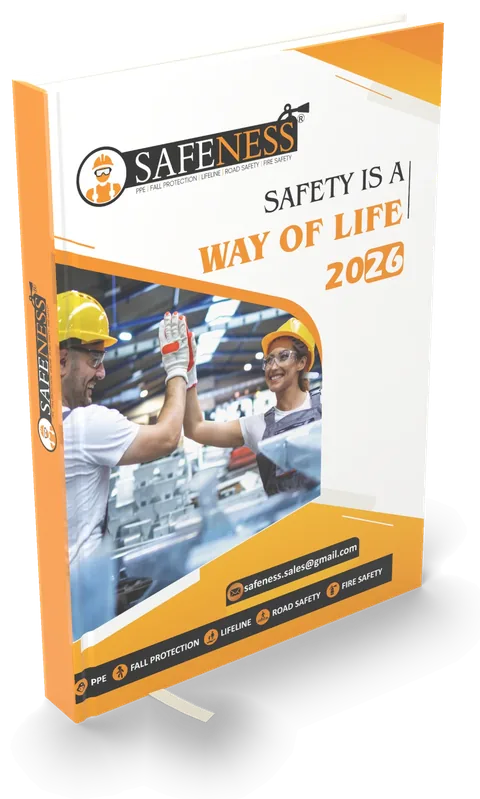 Industrial-safety company diary 2026, orange cover with workers in safety gear — 3D mockup