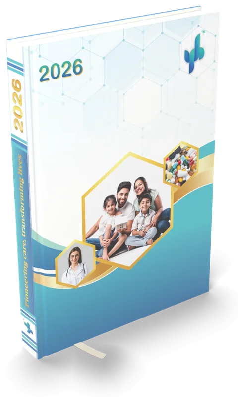 Healthcare diary 2026, light-blue cover with a family photograph in a hexagon frame — 3D mockup
